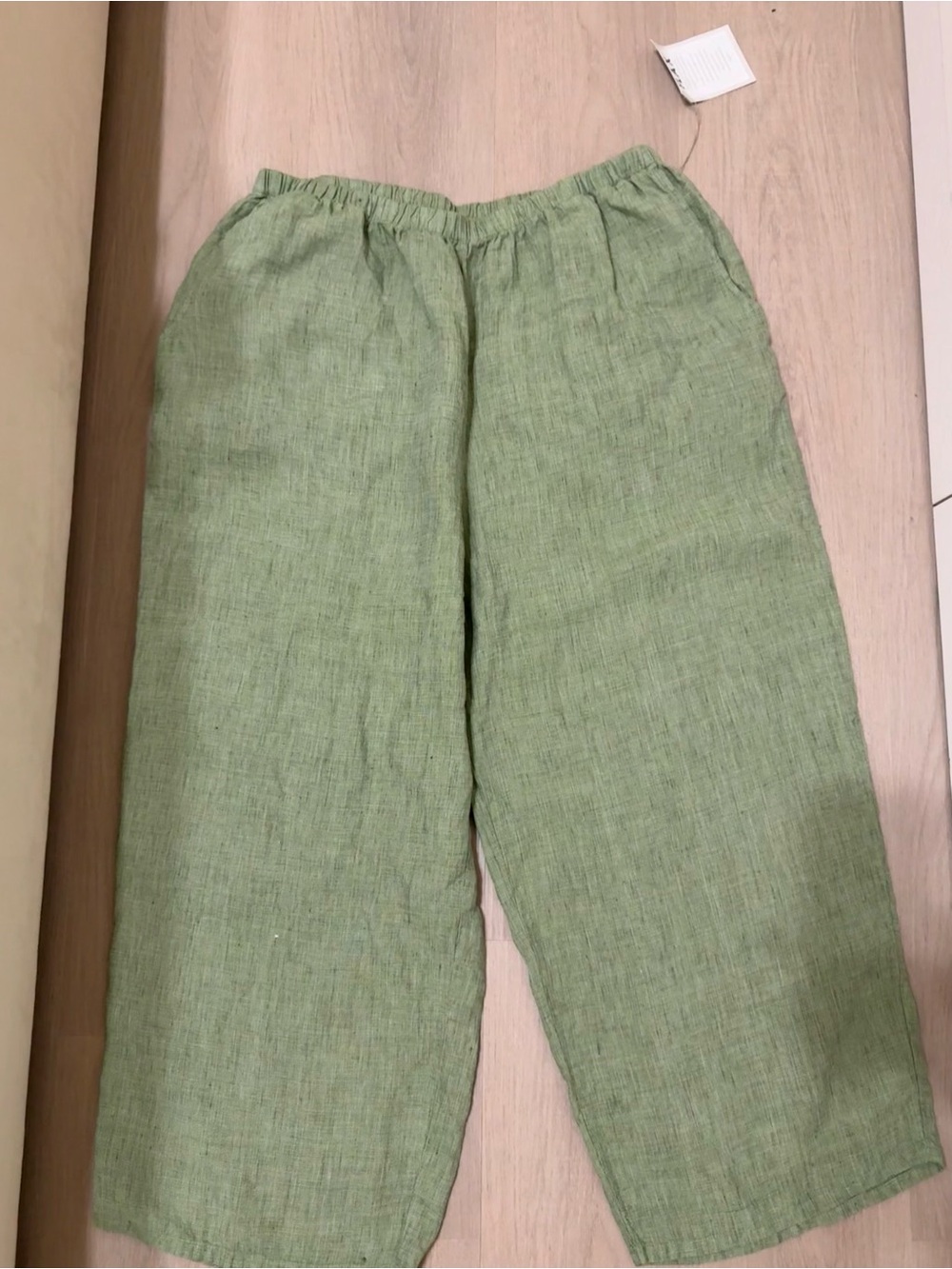 FLAX Lithuanian Linen Woven Elastic Waist Pull On Olive Pants Lagenlook Casual